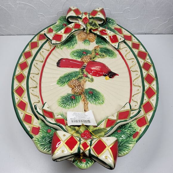 Cracker Barrel Plaid Tidings 3D Cardinal Platter Ceramic Holiday Serving Tray - Picture 10 of 14